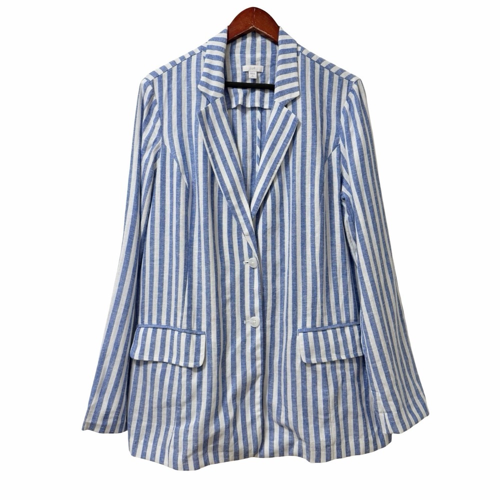 J Jill Womens Linen Blend Striped Blazer Size L TALL Royal Blue Cream Coastal